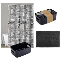 Just Home Collection - Conjunto de Banheiro Cortina + Limpeza + Cesta Preto