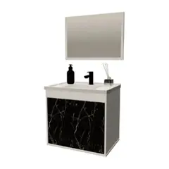 Cerocha Móveis - Gabinete para Banheiro com Espelho Aster 51cm Branco/marmore Preto Cerocha