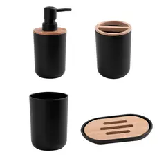 Just Home Collection - Conjunto Acessório de Banheiro com 4 Peças de Plástico Coleção Bambu Cor Preto