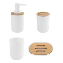 Just Home Collection - Conjunto Acessório de Banheiro com 4 Peças de Plástico Coleção Bambu Cor Branco