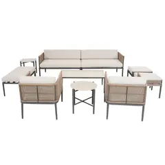Just Home Collection - Conjunto de Estar Sofá, 2 Poltronas, 3 Bancos 2 Mesas 8 Lugares 9 Peças Metal Delhi