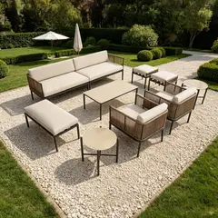 Just Home Collection - Conjunto de Estar Sofá, 2 Poltronas, 3 Bancos 2 Mesas 8 Lugares 9 Peças Metal Delhi