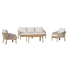 Just Home Collection - Conjunto de Estar Sofá, 2 Poltronas e Mesa 5 Lugares 4 Peças Madeira Dhaka
