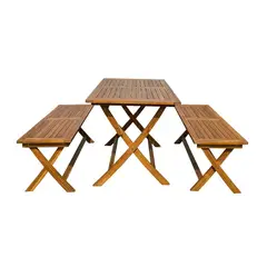 Just Home Collection - Conjunto de Jantar Mesa Dobrável com Bancos para Jardim 3 Peças Madeira Leon