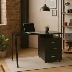 Just Home Collection - Mesa de Escritório Tripoli Tampo de Vidro e 3 Gavetas Embutida 76x60x120cm Preto