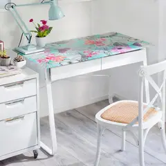 Just Home Collection - Mesa de Escritorio Vidro Floral Branco 58x105x76cm