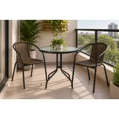 Just Home Collection - Conjunto 2 Cadeiras de Rattan Preto + Mesa de Vidro 80cm
