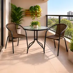 Just Home Collection - Conjunto 2 Cadeiras de Rattan Preto + Mesa de Vidro 80cm