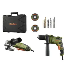 Bauker - Kit Esmerilhadeira Angular 4.1/2" 820W e Furadeira Impacto 1/2" 650W 127V com Acessórios e Maleta