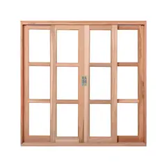 Esel - Janela de Correr Quadriculada Madeira Eucalipto Natural 4 Folhas Central 120X120X12cm Pop