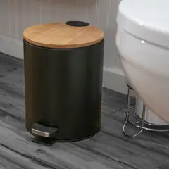 Just Home Collection - Lixeira 5 Litros com Tampa de Bambu em Metal Preto