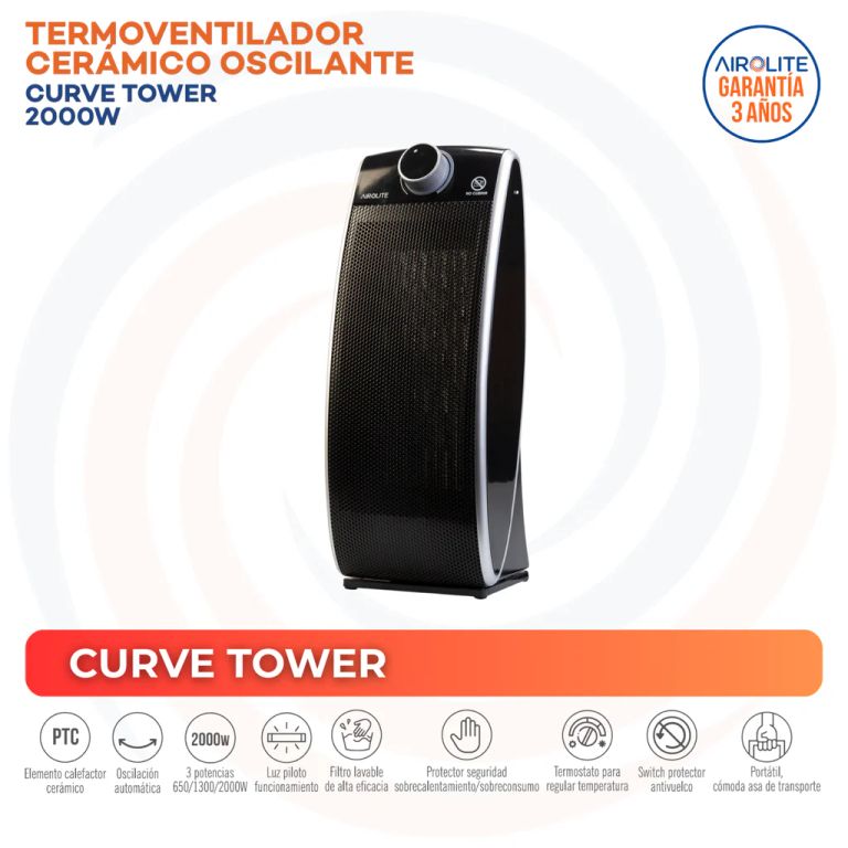 Termoventilador Eléctrico 2000 W CurveTower Negro