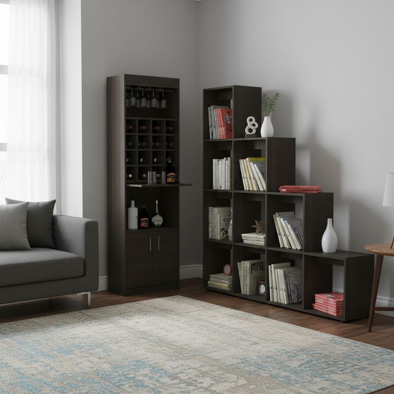 Combo Mueble De Bar + Biblioteca Escalera Madera Wengué