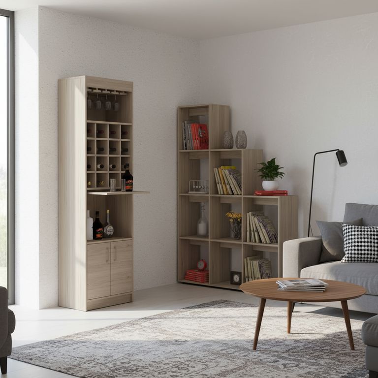 Combo Mueble De Bar + Biblioteca Escalera Madera Rovere