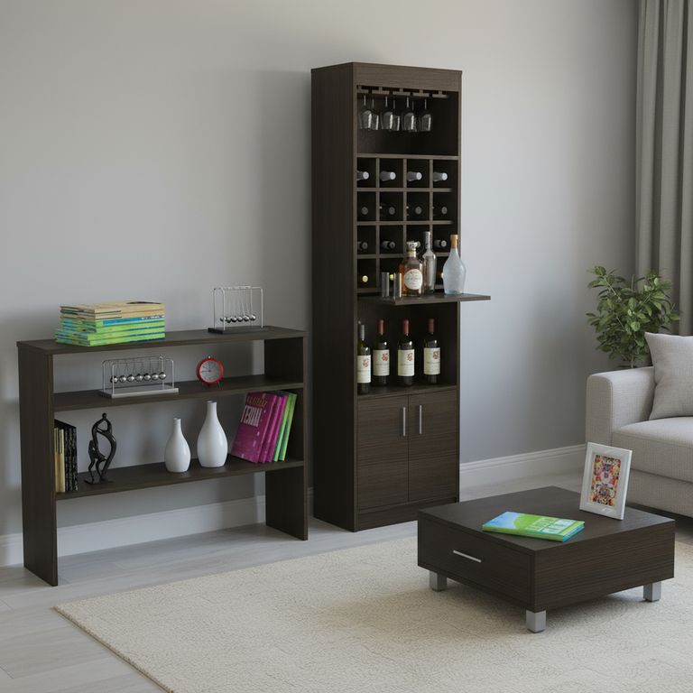 Combo Mueble De Bar + Arrimo + Mesa De Centro Madera Wengué