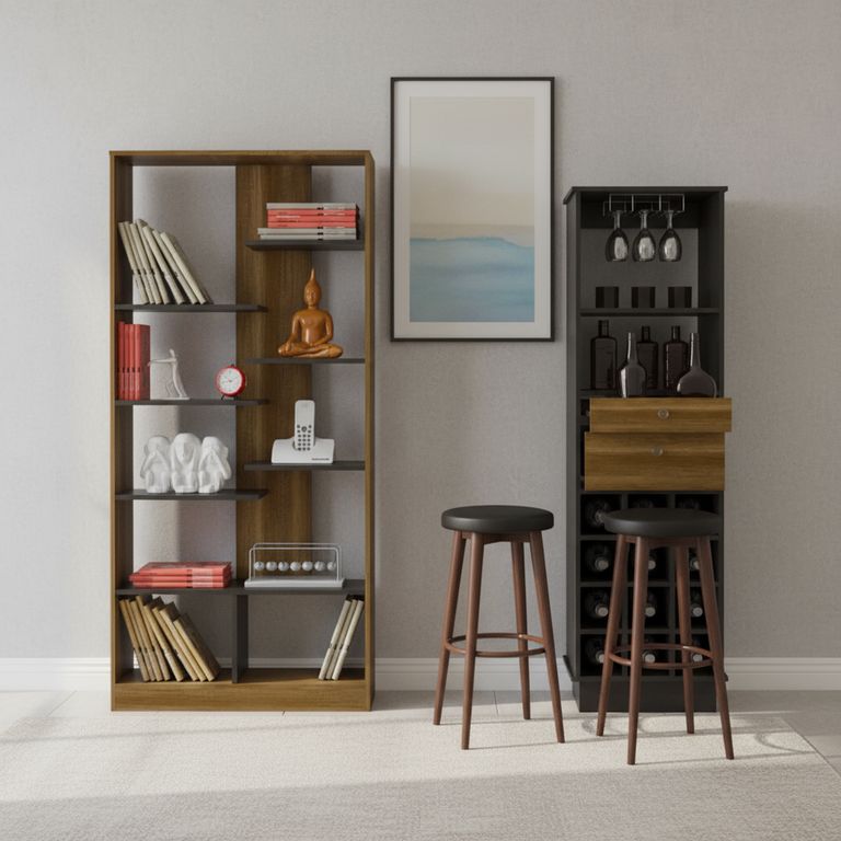 Combo Rack + Mueble de Bar de Madera Caramelo/Wengue