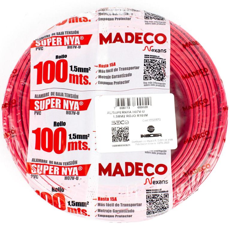 Alambre de Cobre Aislado H07V-U 1x1,5 mm2 Rojo 100 metro(s)