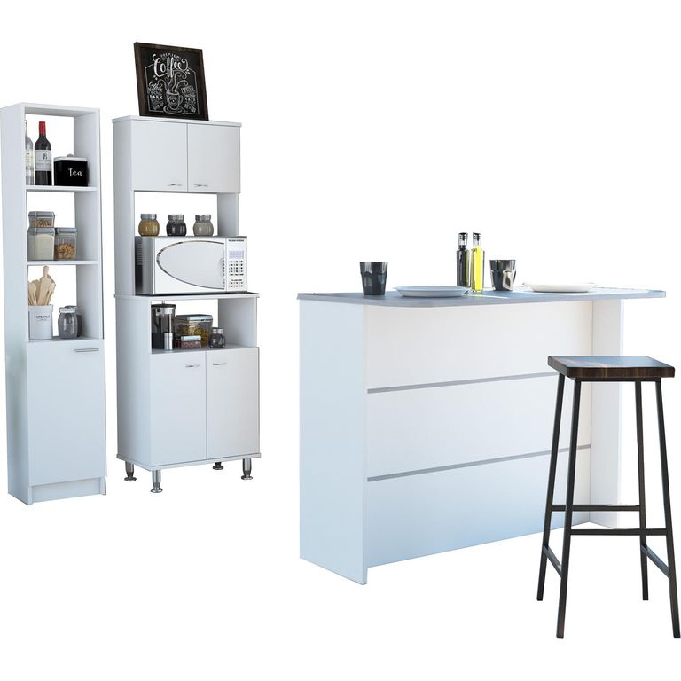 Set mueble microondas + isla de cocina + estante blanco