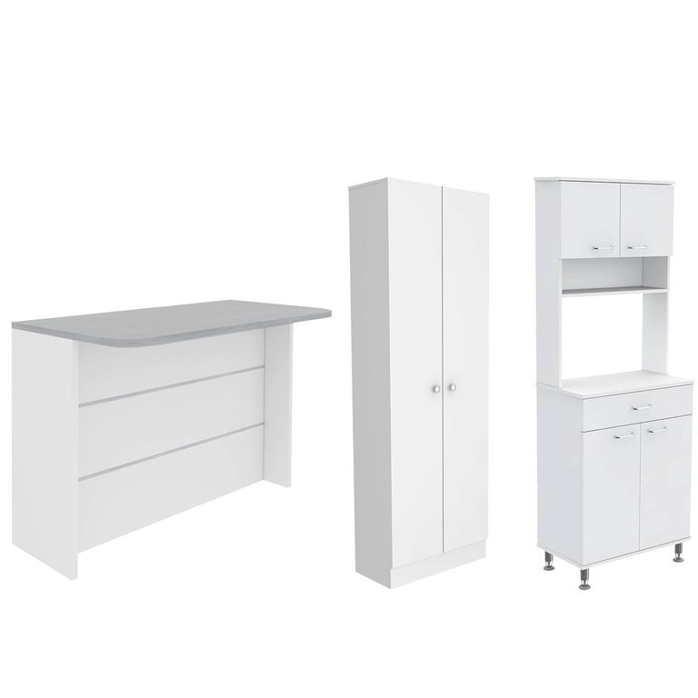 Set mueble microondas + isla de cocina + estante blanco