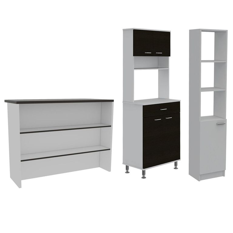 Set mueble microondas + isla de cocina + estante wengue/blanco