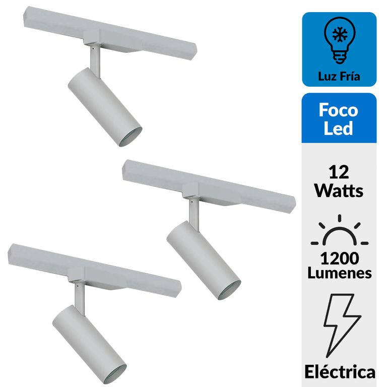 Pack 3 Focos Led Riel Cilíndrico 12 W Blanco Luz Fría