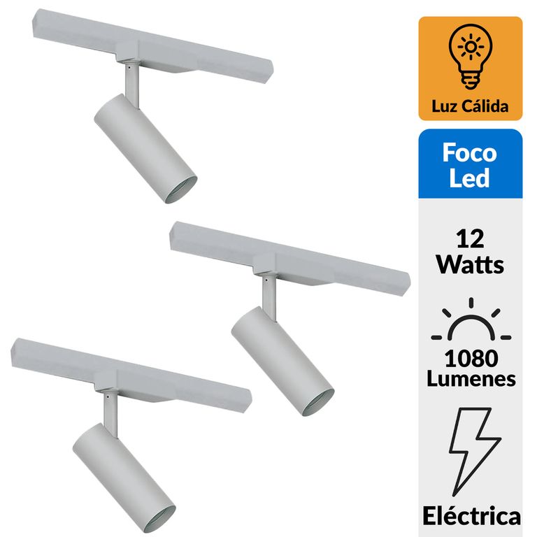 Pack 3 Foco led riel cilíndrico 12 W blanco luz Cálida