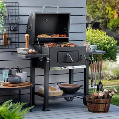 MR BEEF - Parrilla a Carbón con Bandejas Laterales Acero Inoxidable