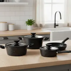 JUST HOME COLLECTION - Batería de Cocina 7 Piezas Aluminio Antiadherente Negro