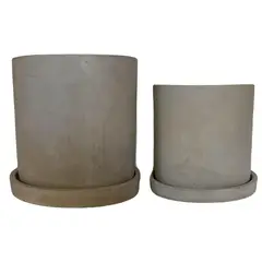 DECOGREEN - Set de 2 Maceteros Cemento Cilindro con Plato S 13x13 cm y M 15x15 cm