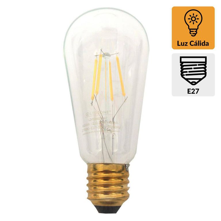 Ampolleta Led Filamentos Pera 6 W E27 600 lm Luz Cálida