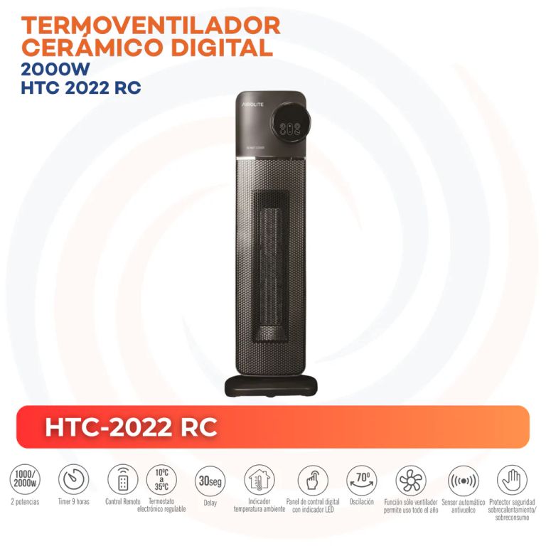 Termoventilador Cerámico Eléctrico 2000 W HTC-2022 RC Negro