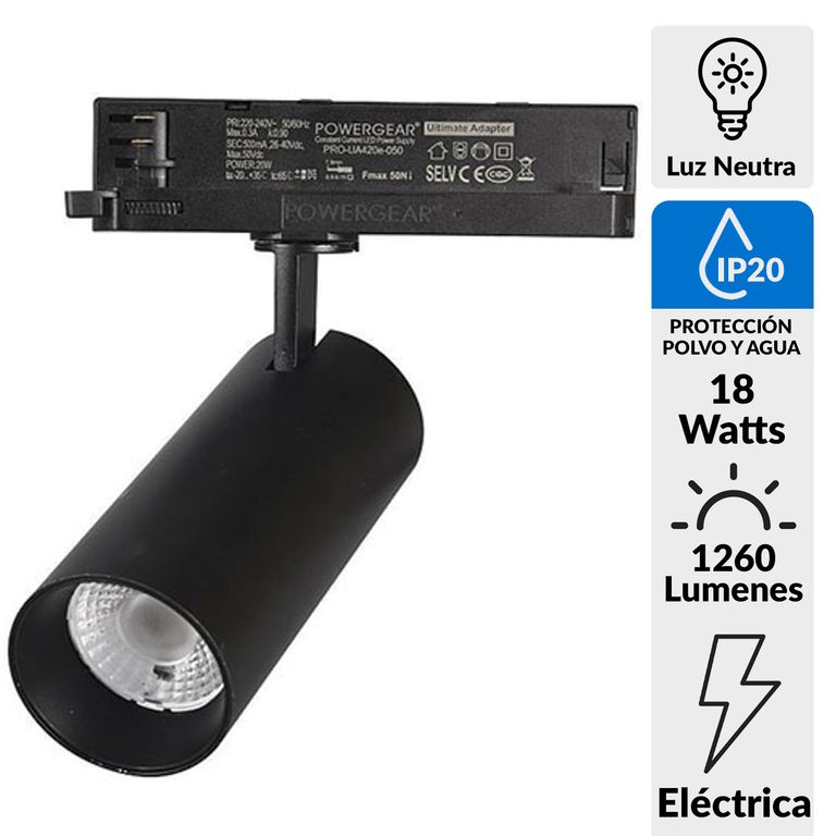 HB LEDS - Foco De Riel 40º Monofásico 18W Neutro Negro | Ofertitas
