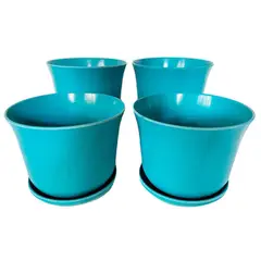 DECOGREEN - Set 4 maceteros y platos bio bamboo curvo turquesa 16,5x16,5x13 cm