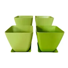 DECOGREEN - Set 4 Maceteros y Platos Biodegradables Cuadrados de Bambú 12.4x13.3 Verde