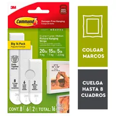 COMMAND - Pack Tiras para colgar Cuadros blancas 3 varios tamaños 16 pares