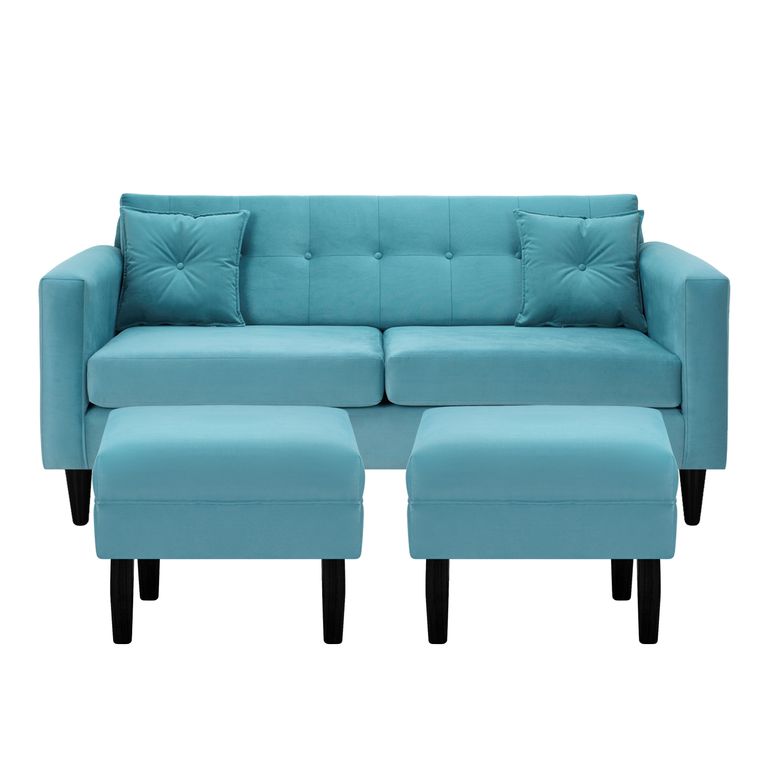 Sofá 3 cuerpos 2 Pouf New Retro 170x76x79 cm Azul