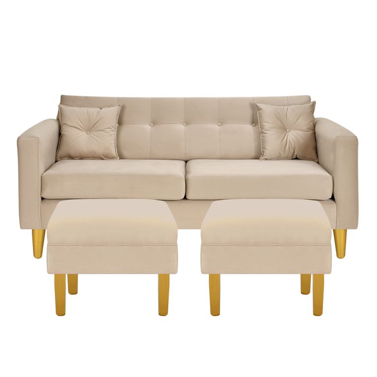 Sofá 3 cuerpos 2 Pouf New Retro 170x76x79 cm Beige