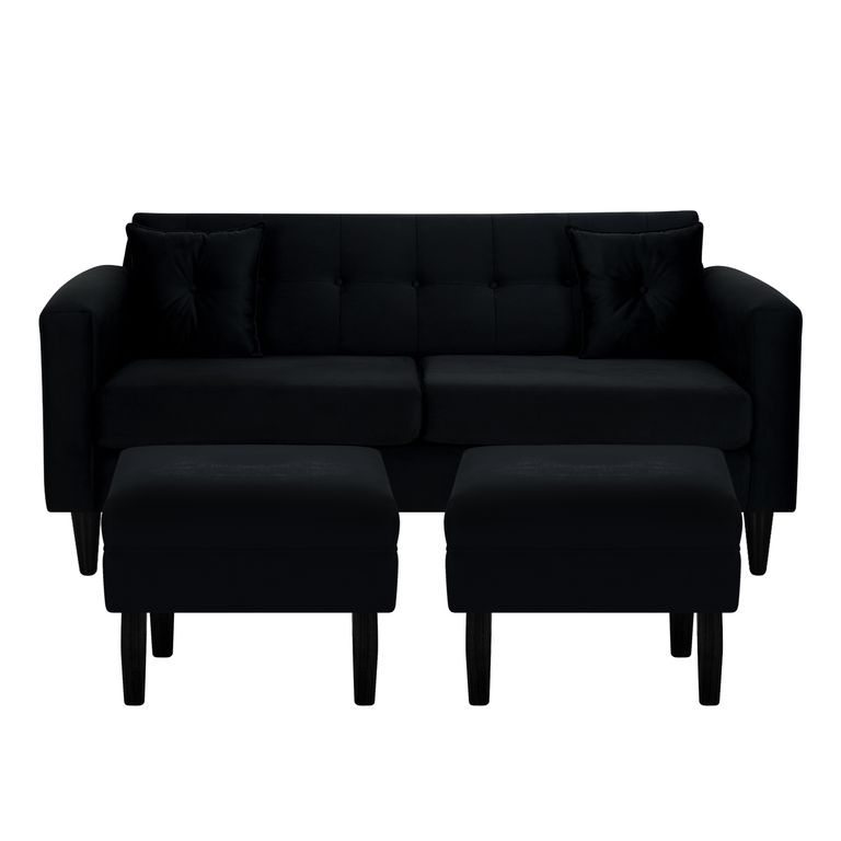 Sofá 3 cuerpos 2 Pouf New Retro 170x76x79 cm Negro