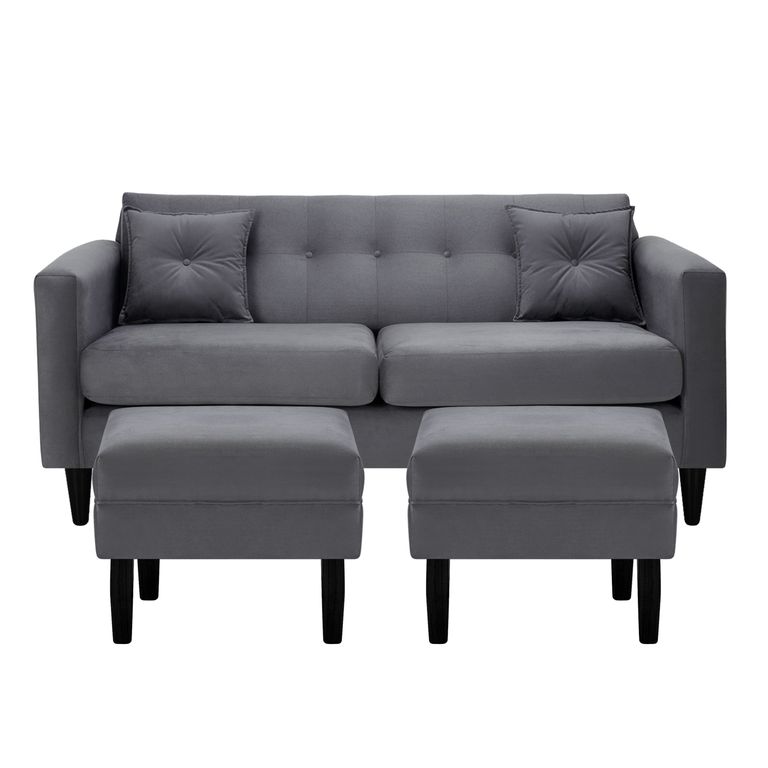 Sofá 3 cuerpos 2 Pouf New Retro 170x76x79 cm Gris