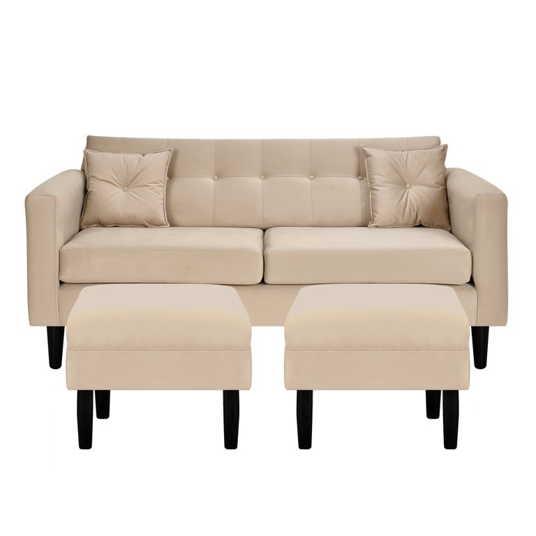 Sofá 3 cuerpos 2 Pouf New Retro 170x76x79 cm Beige