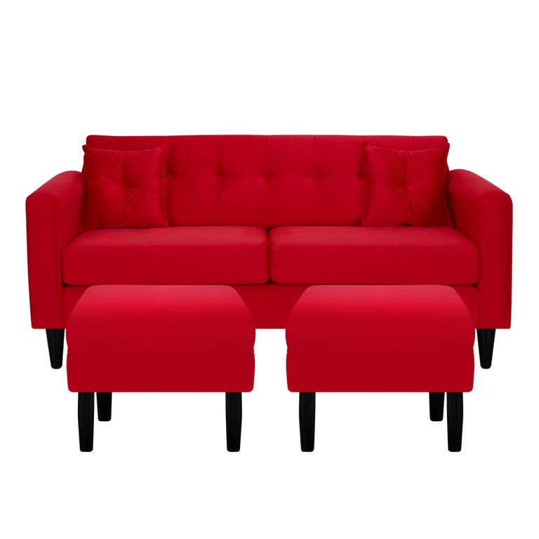 Sofá 3 cuerpos 2 Pouf New Retro 170x76x79 cm Rojo
