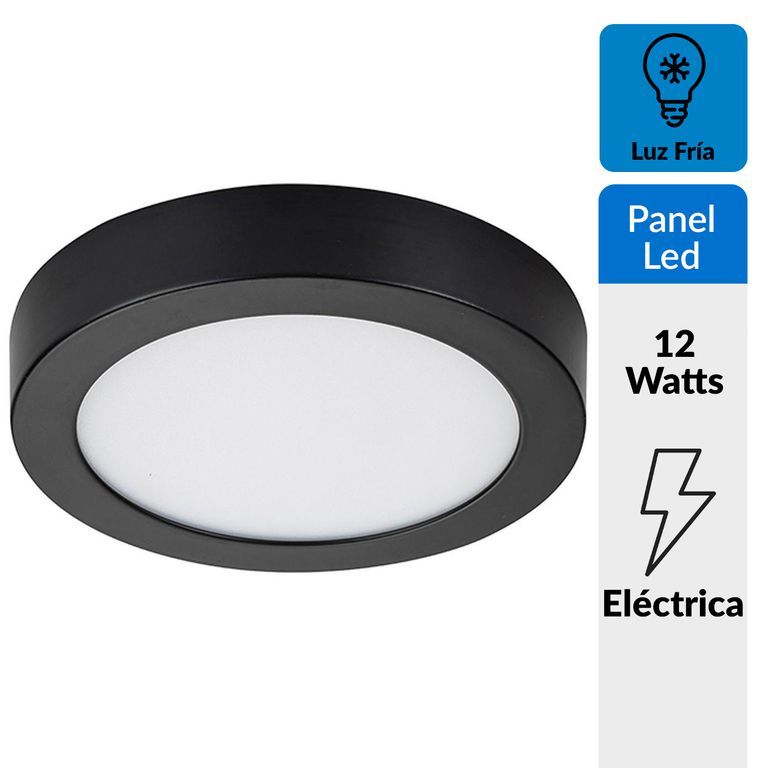 Panel Redondo LED Sobrepuesto Negro 12W Frío