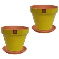 MESTIZA - Set 2 Maceteros y Platos Kony de Arcilla 19x15 Mostaza