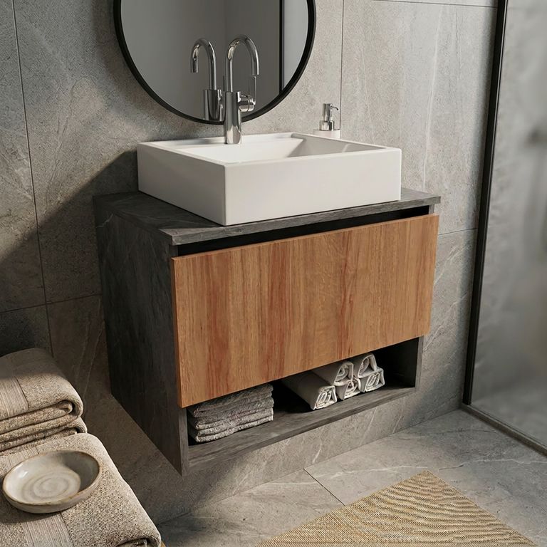 Mueble Baño Aéreo 1 puerta Mármol Lunar/Almendra Lavamanos