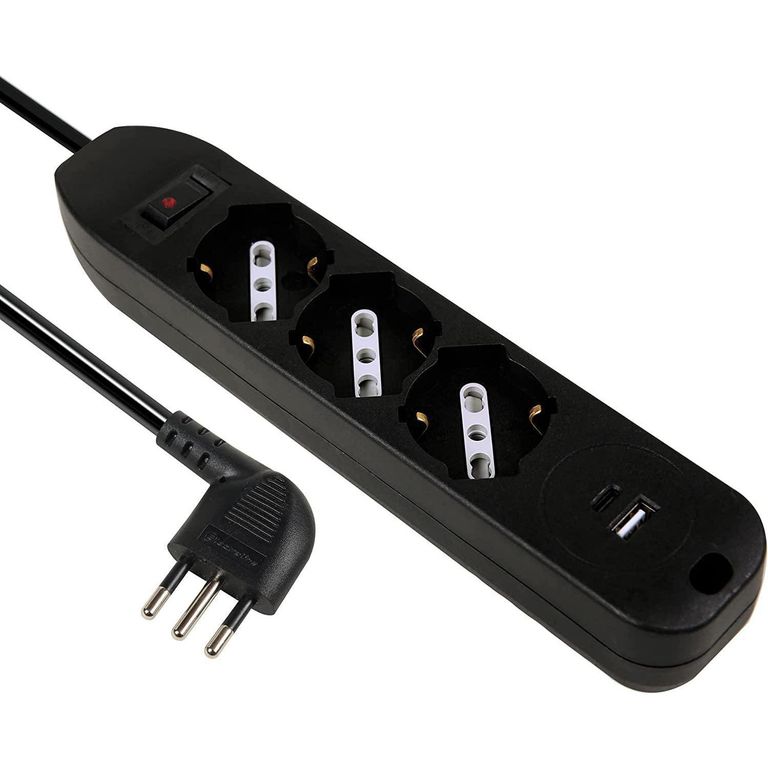 Alargador 3 Tomas + USB A + USB C 1.5 m Negro