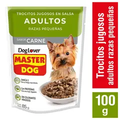 MASTER DOG - Alimento húmedo trocitos jugosos para perros razas pequeñas, sabor carne 85g