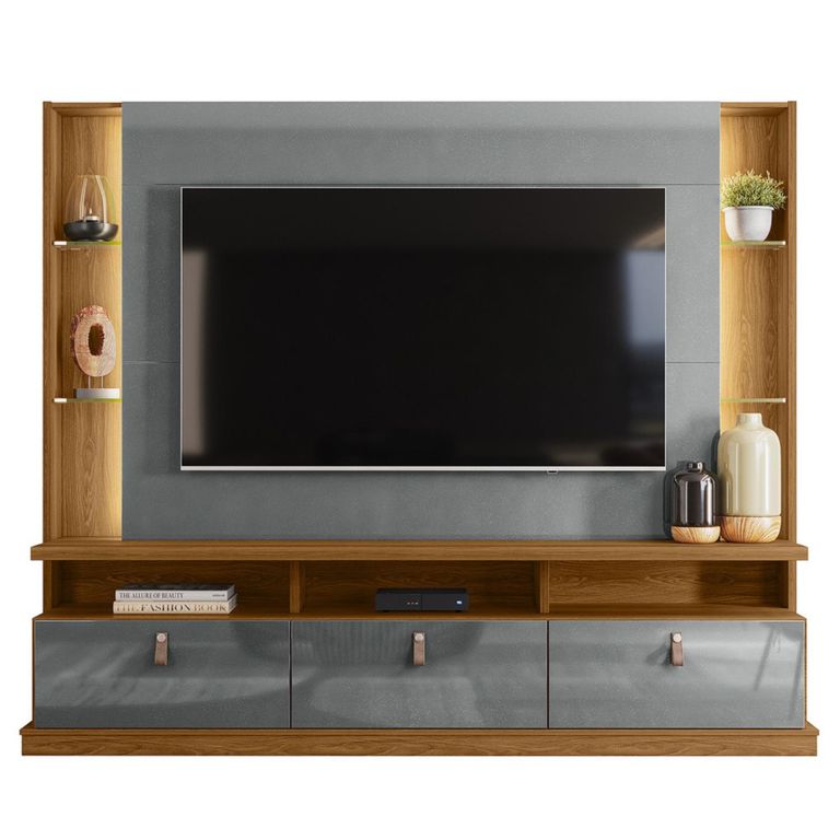 Home estante TV 70" 3 puertas con ruedas y luz led gris cinza freijo