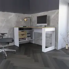 TUHOME - Escritorio en L Esquinero Noah Macadamia/Blanco 145x76.3x81 cm