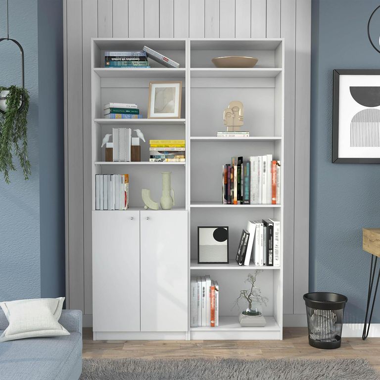 Combo estante 2 puertas+ estante 4 repisas + 2 complemento blanco