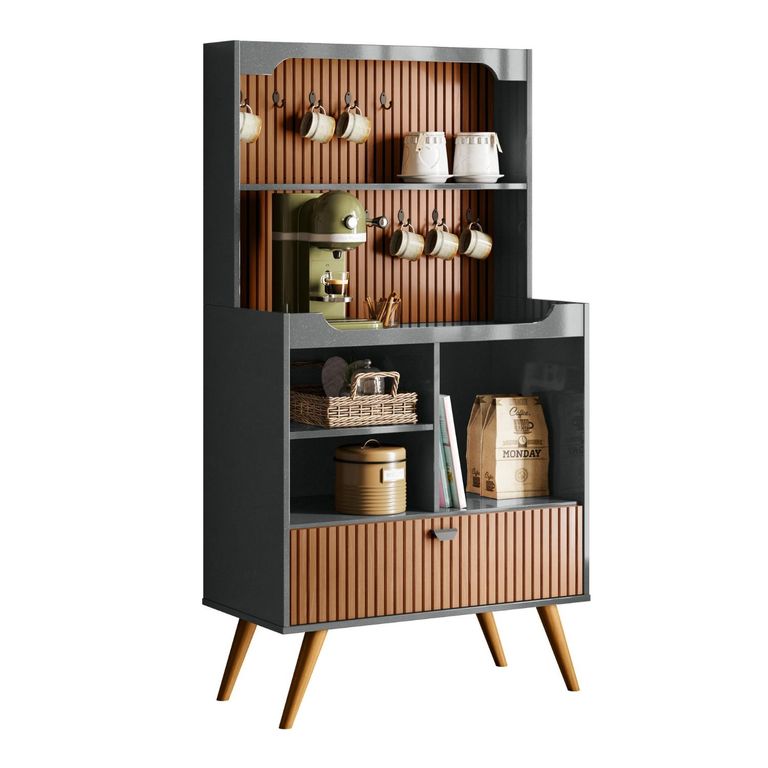 Mueble para café 1 puerta y colgadores con patas de madera gris brillo
